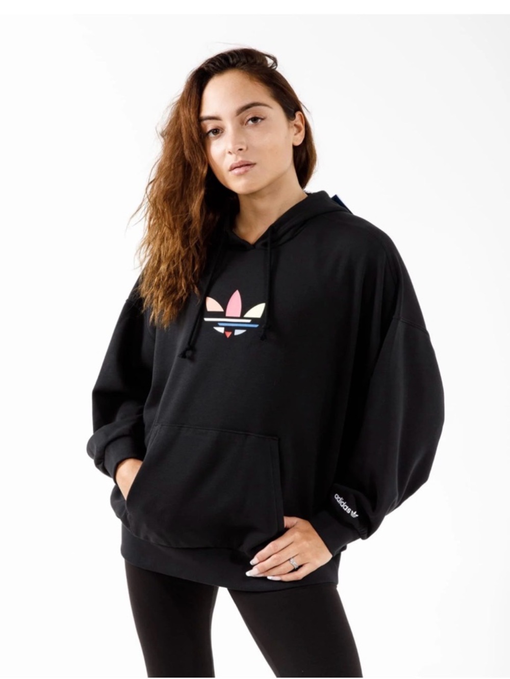 Adidas Women’s Black Trefoil Hoodie with Pastel Logo and matching leggings